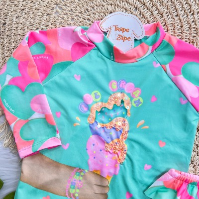 Linha Praia - Blusa Manga Longa com Proteção UV50+ e Calcinha - Ice Cream - Verde e Rosa